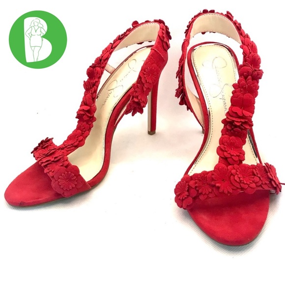 JESSICA SIMPSON "JESSIN" RED FABRIC FLORAL DETAIL STILETTO HEELS (6M) - Picture 1 of 13